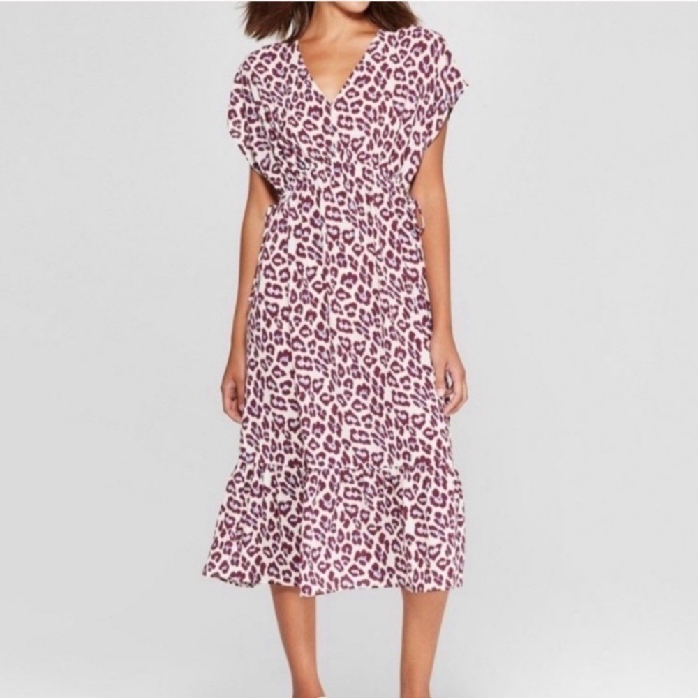 A New Day leopard purple printed midi maxi dress size Small tie waist boho